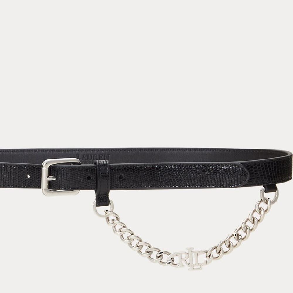 LAUREN RALPH LAUREN Womens Logo-Chain Lizard-Embossed Skinny Leather Belt Large